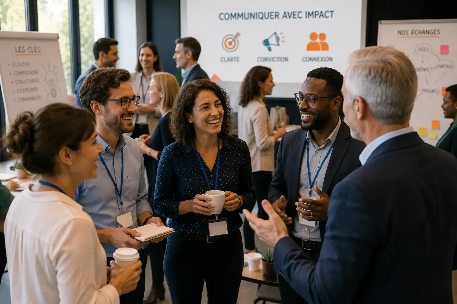 Participants d’un atelier commercial échangeant en petits groupes, avec chevalets de travail et écran « Communiquer avec impact »